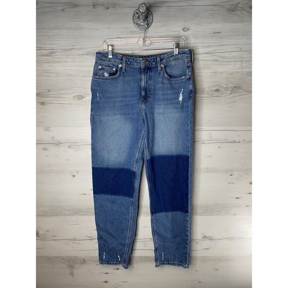Forever 21 Jeans Womens 27 Blue Patchwork Distressed High Rise Mom Stretch Denim - Picture 1 of 11